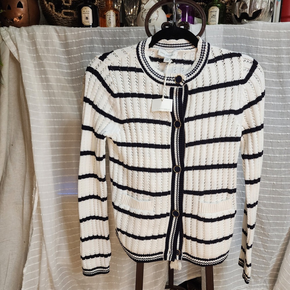 Free Assembly Women Striped Cardigan Sweater Ivory Navy Blue Button Front XS NWT